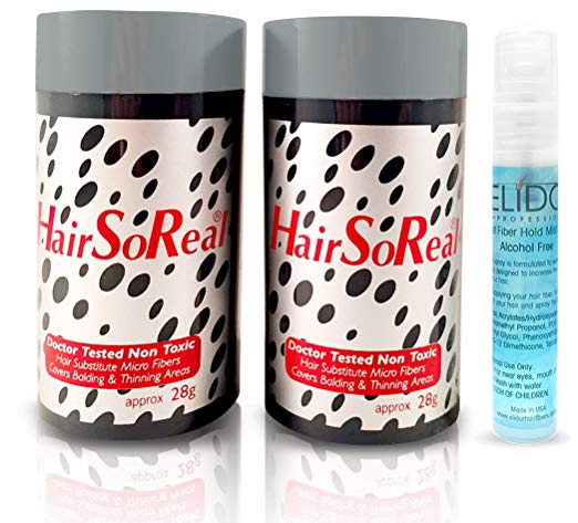 2 x HSR, Hair So Real, Hair Loss Concealer Fiber (Black) with Free Elidor Pocket Fiberhold Spray